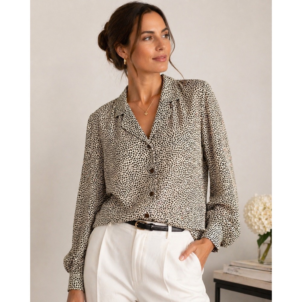VTG 90s Tamotsu NY Womens Top S Beige Animal Print Classic Business Office Retro